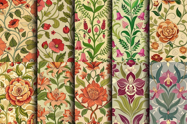 Patrones florales coloridos con diseños intrincados en tonos suaves