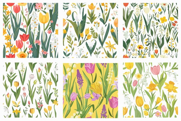 Patrones florales y foliares brillantes para la colección de primavera