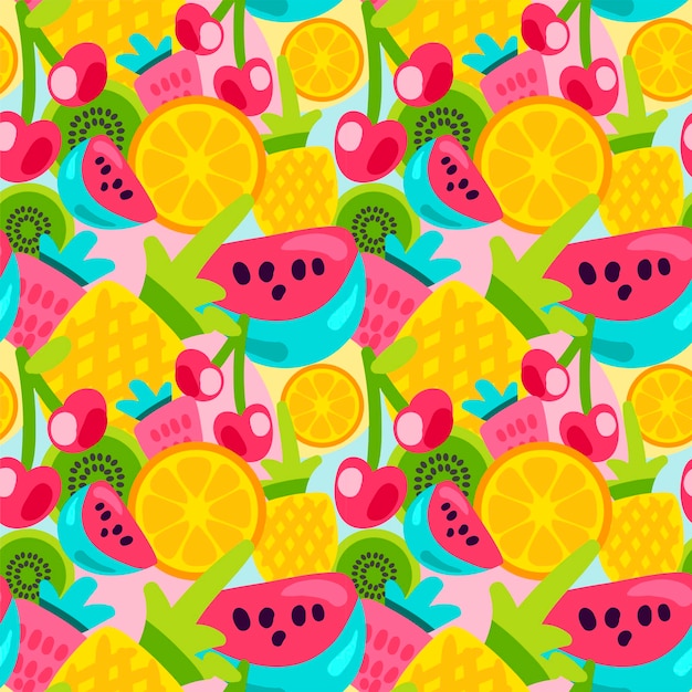 Patrones de frutas de verano de vector en estilo de dibujos animados. Frutas y bayas. Dulce telón de fondo