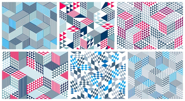 Patrones geométricos 3D sin costuras con cubos, rombos y triángulos, bloques de cajas, conjuntos de fondos vectoriales, arquitectura y construcción, diseños de papel tapiz.