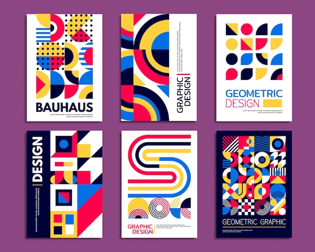 Patrones geométricos abstractos carteles bauhaus formas gráficas modernas fondos vectoriales con círculos de color cuadrados y líneas puntos y cruces pancartas creativas bauhaus y folletos de presentación