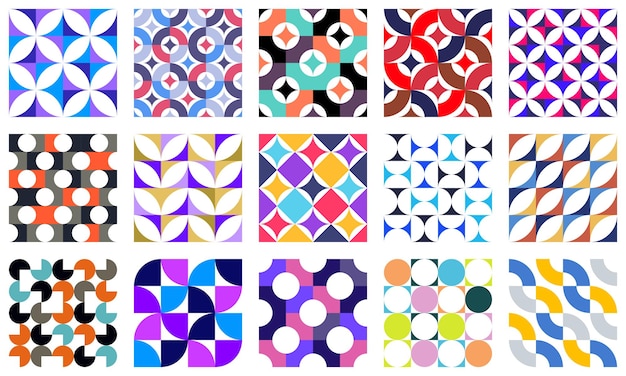 Patrones geométricos abstractos sin fisuras con coloridos elementos simples de geometría, fondo de papel tapiz en estilo retro de los años 70, colección de azulejos de estilo constructivo Bauhaus.