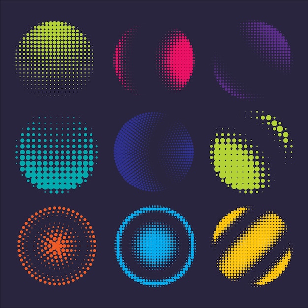 Patrones geométricos coloridos con diseños circulares dispuestos en una cuadrícula sobre un fondo oscuro