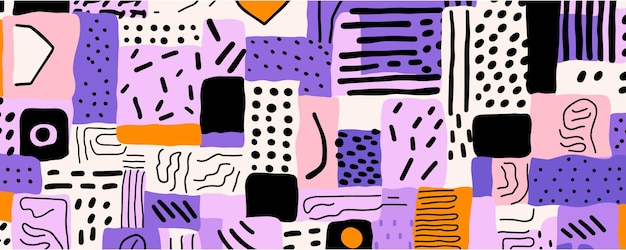 Patrones geométricos individuales dibujados a mano Vector colorido dibujado a mano Violeta claro y negro oscuro