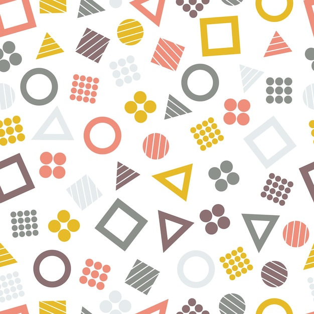 Patrones geométricos primitivos sin costuras con cuadrados, triángulos y círculos para tejidos y postales Elementos geométricos de moda Hipsters fondo de color moderno Ilustración vectorialxA