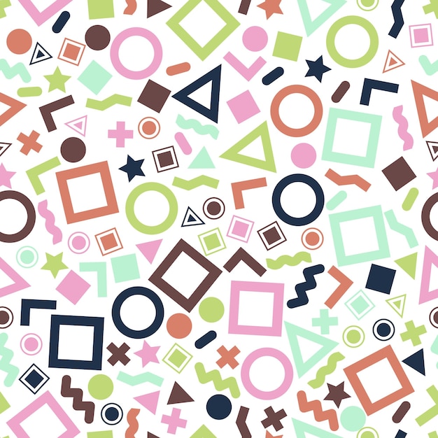 Patrones geométricos primitivos sin fisuras para tejidos y postales. Fondo de color moderno de los hipsters de moda. Tarjeta de memphis de elementos geométricos de moda. Ilustración vectorial