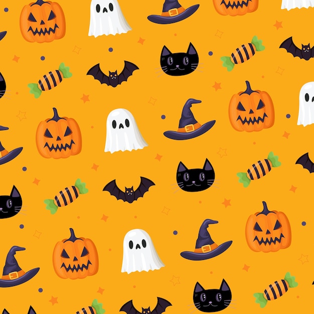 Patrones de Halloween sin costuras con calabazas murciélagos gatos negros y patrones espeluznantes
