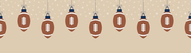 Patrones horizontales sin fisuras de fútbol de Navidad. Cuelgue de una caricatura plana de hilo como una pelota de rugby de Navidad sobre fondo horizontal. Ilustración de vector de deporte.