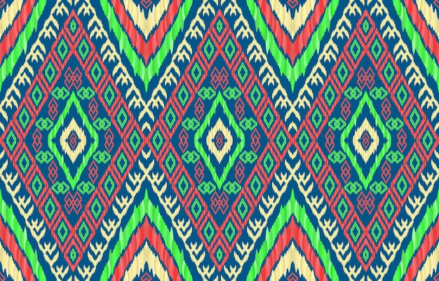 Patrones de ikat sin costuras de tela étnica de neón brillante africano. Estilo retro vintage tribal geométrico.
