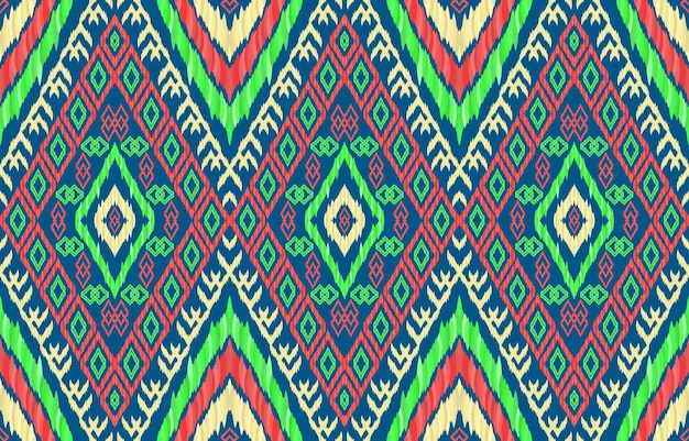 Patrones de ikat sin costuras de tela étnica de neón brillante africano. Estilo retro vintage tribal geométrico.