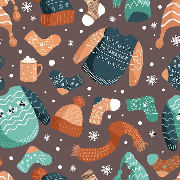 Patrones de ilustración vectorial ropa de abrigo de invierno Sombreros calcetines feo suéter navideño bufanda cacao