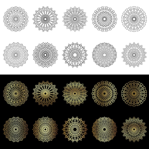 Patrones de mandala circulares negros y dorados