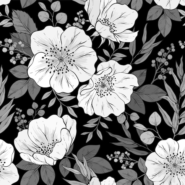 Patrones monocromáticos sin fisuras con flores y eucalipto