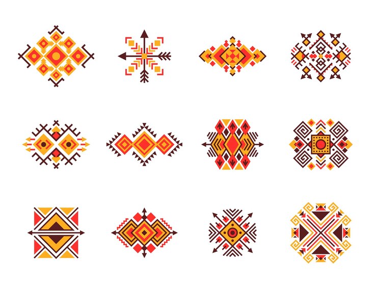 Vector patrones de motivos tribales mexicanos adorno de línea étnica conjunto vectorial aislado de diseños y símbolos tradicionales que reflejan el rico patrimonio cultural y el arte indígena de méxico muestras de bordado