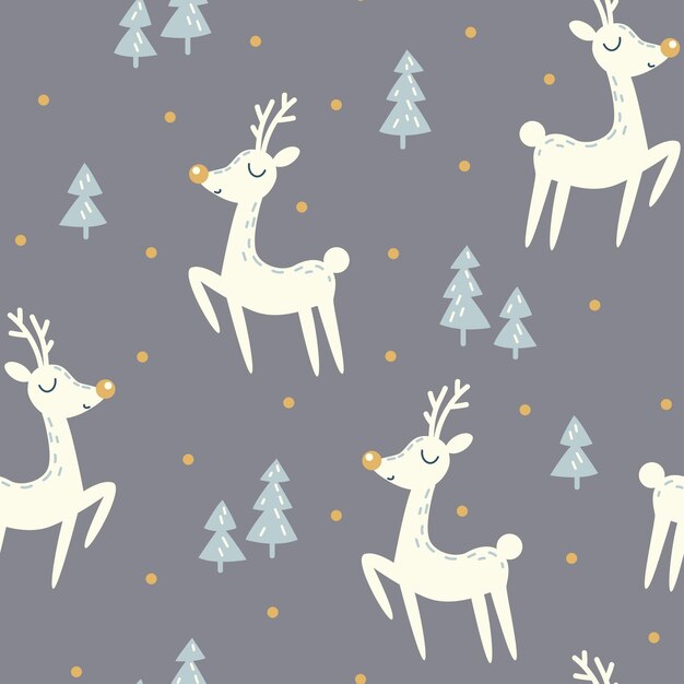 Patrones de Navidad sin fisuras con un ciervo y árboles de Navidad sobre un fondo gris
