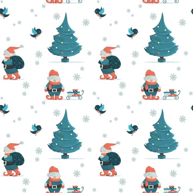 Patrones de Navidad sin fisuras con gnomos, árbol de Navidad y regalos. Ilustración de estilo de dibujos animados.