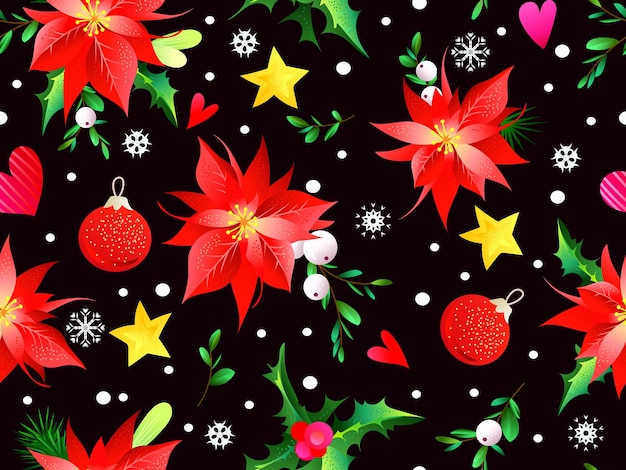 Patrones de Navidad sin fisuras con vegetación, bolas y estrellas