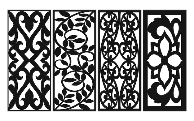Patrones negros con fondo blanco, vectores islámicos con paneles florales para corte por láser CNC