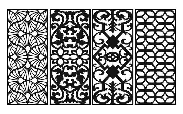 Patrones negros con fondo blanco, vectores islámicos con paneles florales para corte por láser CNC