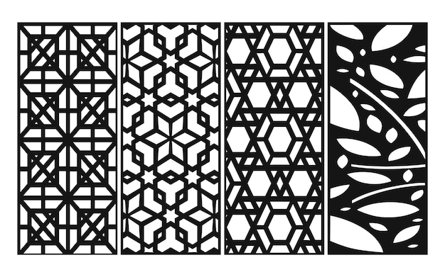 Patrones negros con fondo blanco, vectores islámicos con paneles florales para corte por láser CNC
