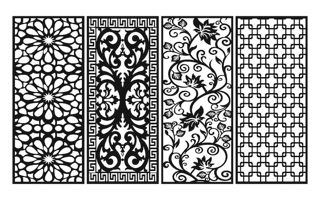 Patrones negros con fondo blanco, vectores islámicos con paneles florales para corte por láser CNC