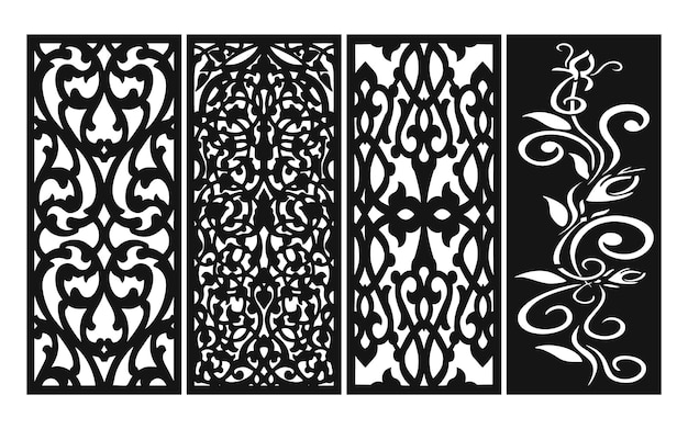 Patrones negros con fondo blanco, vectores islámicos con paneles florales para corte por láser CNC