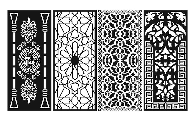 Patrones negros con fondo blanco, vectores islámicos con paneles florales para corte por láser CNC