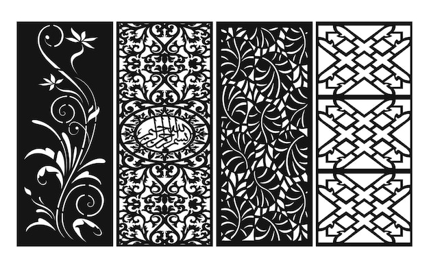 Patrones negros con fondo blanco, vectores islámicos con paneles florales para corte por láser CNC