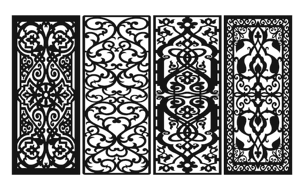 Patrones negros con fondo blanco, vectores islámicos con paneles florales para corte por láser CNC