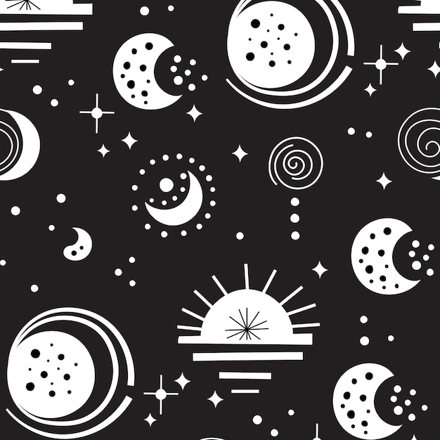 Patrones neo-folclóricos sin costuras con luna, nubes, sol y estrellas, diseño celestial en blanco y negro.