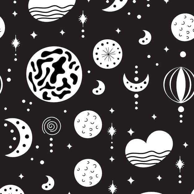 Patrones neo-folclóricos sin costuras con luna, nubes, sol y estrellas, diseño celestial en blanco y negro.