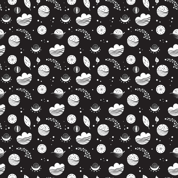 Patrones neo-folclóricos sin costuras con luna, nubes, sol y estrellas, diseño celestial en blanco y negro.