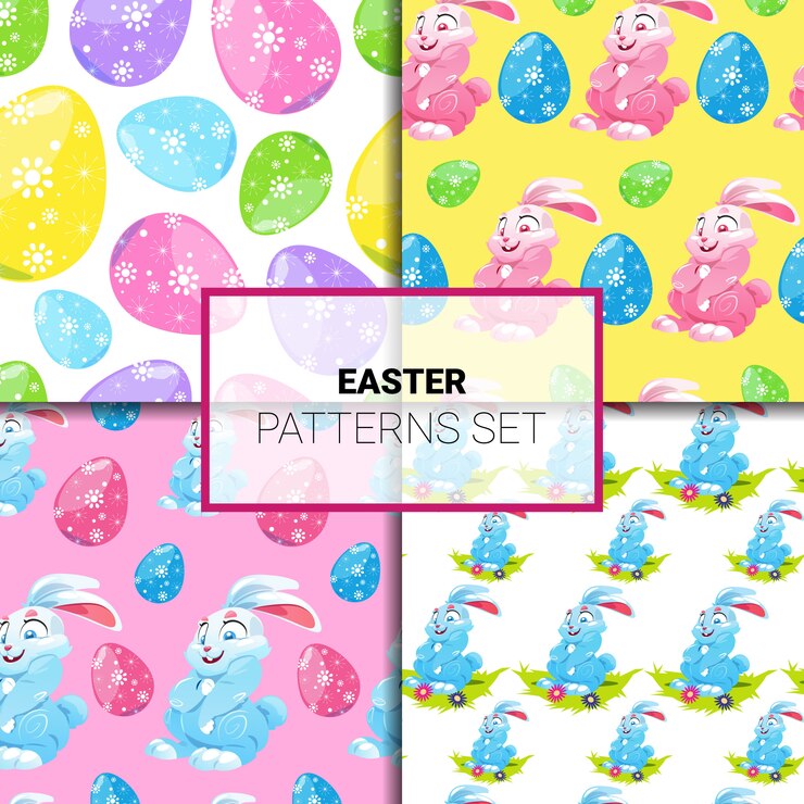Vector patrones de pascua conjunto transparente con conejos de dibujos animados y adornos coloridos huevos