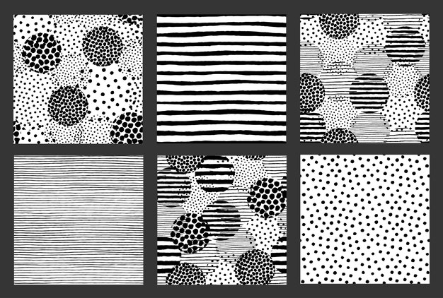 Patrones pintados fondos de pincel sin costuras de puntos y rayas cuadros irregulares y a cuadros elementos pintados a mano dibujados impresiones gráficas a rayas vectoriales arte en blanco y negro azulejos cuadrados