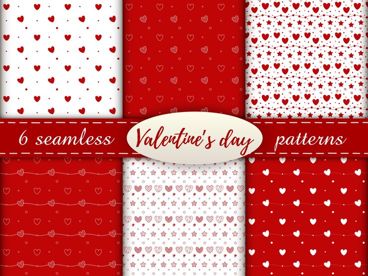 Vector patrones románticos sin fisuras con un corazón. feliz día de san valentín. conjunto de 6 patrones con corazones, puntos y estrellas rojos y blancos sobre un fondo blanco y rojo.