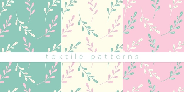 Patrones textiles pastel conjunto de patrones botánicos con ramas verdes y rosadas