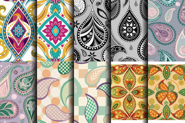 Patrones textiles vibrantes e intrincados con varios colores y diseños