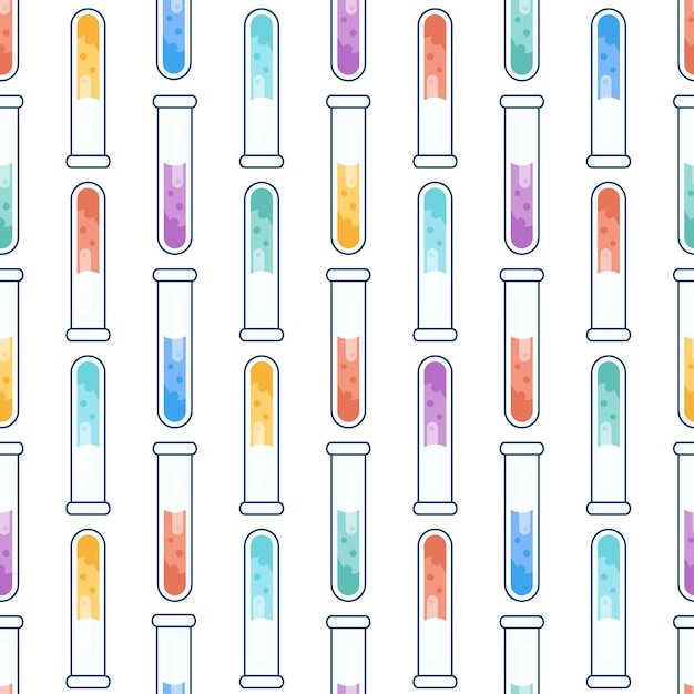 Patrones con tubos de ensayo con reactivos coloreados concepto temático de química de la reacción química para el diseño