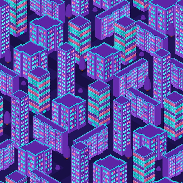 Patrones urbanos sin fisuras. Vista isométrica. Colores neón púrpura. Luces de la ciudad de noche. Diseño de fondo de moda moderno. Ilustración vectorial.