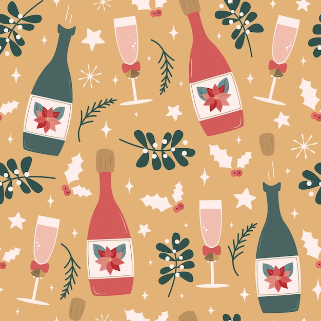 patrones de vacaciones impecables con botellas de champán, muérdago, acebo, estrellas y vasos