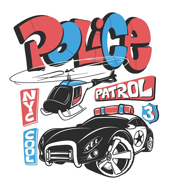 Vector patrulla de la policía con helicóptero, ilustración de impresión de camisa.