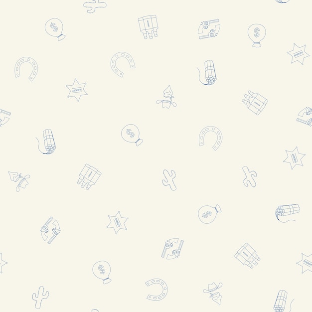 Patter vectorial sin costuras con artículos de vaquero sombrero de vaquelo cráneo de carnero botas de vaqueri cactus fuente espolones de estrella diseño plano en el tema del Oeste Salvaje de México Ornamento para superficies textiles