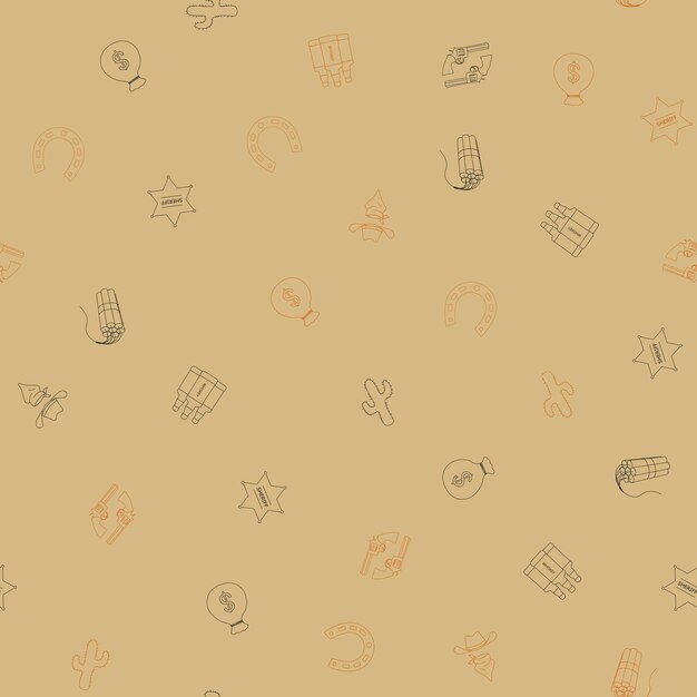 Patter vectorial sin costuras con artículos de vaquero sombrero de vaquelo cráneo de carnero botas de vaqueri cactus fuente espolones de estrella diseño plano en el tema del Oeste Salvaje de México Ornamento para superficies textiles