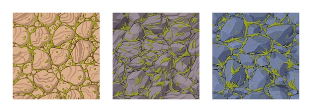 Pavimento de roca con musgo Musgo de dibujos animados en el suelo camino pavimentado planta de musgo verde se arrastra sobre piedras de pavimento conjunto de ilustración vectorial plana Pavimento de ladrillos cubierto de líquenes