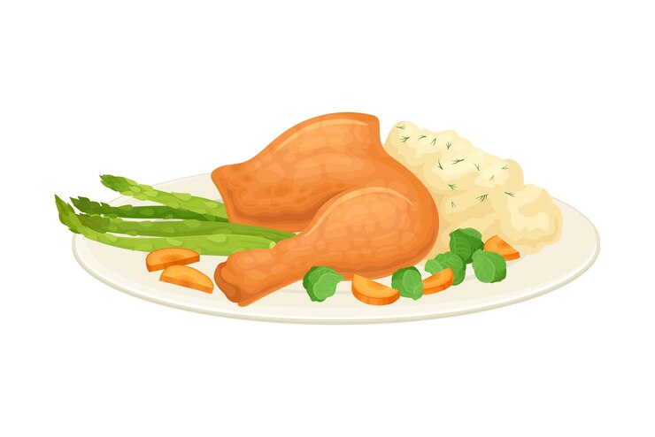 Vector el pavo asado o la pierna de pollo servida en un plato con puré de patata y verduras como ilustración vectorial del plato del día de acción de gracias