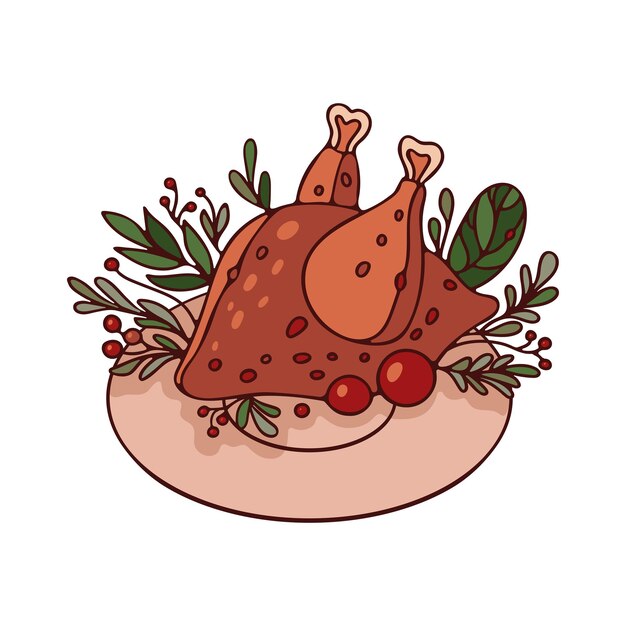 Pavo asado en un plato con frutas, hojas, bayas para el día de acción de gracias, navidad Vector Premium