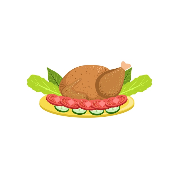 Pavo asado en un plato con guarnición de verduras vector ilustración aislada sobre fondo blanco.