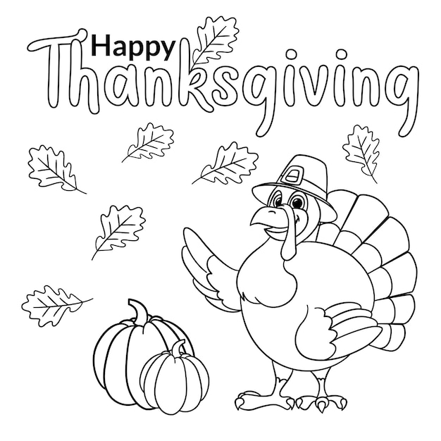 Un pavo de dibujos animados con un sombrero de peregrino desea un feliz día de acción de gracias delineado para colorear página sobre fondo blanco