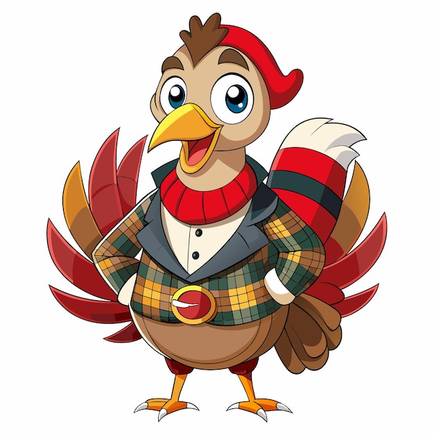 El pavo de dibujos animados usa un traje de tartan para el Feliz Día del Tartan
