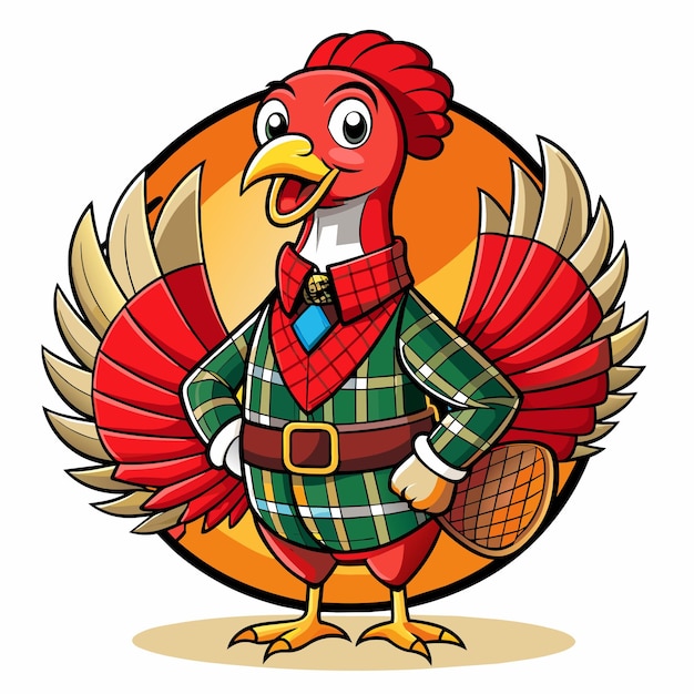 El pavo de dibujos animados usa un traje de tartan para el Feliz Día del Tartan